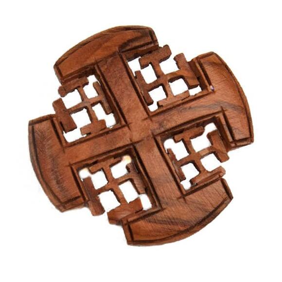 1970s Handcrafted Wood Maltese Cross Boho Hippie Chic Mid Century Pin Brooch - Picture 4 of 4